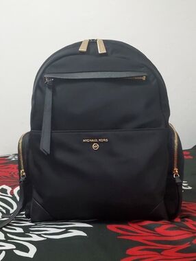 Michael Kors Prescott Black Nylon Backpack with Gold Accents